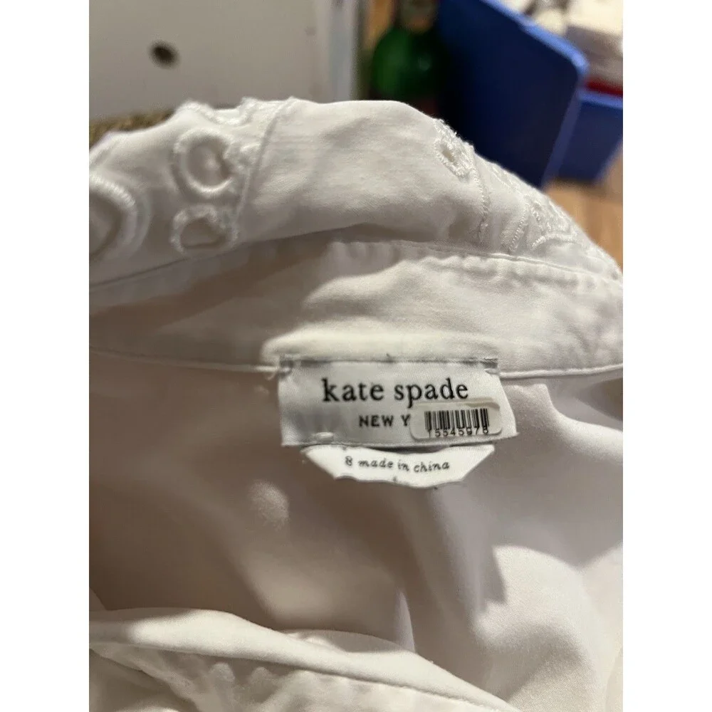 Kate Spade New York Poplin Cutwork Shirt White Button Down Eyelet Sleeve Size 8
